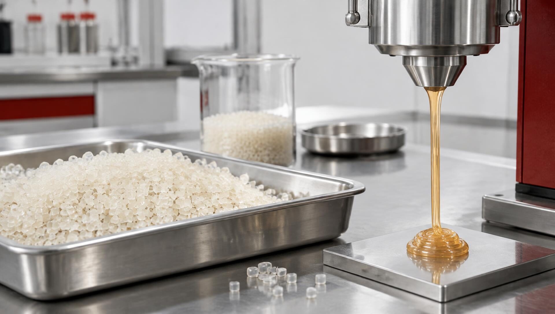 Polymer granules and a molten polymer strand illustrating MFR and MVR testing